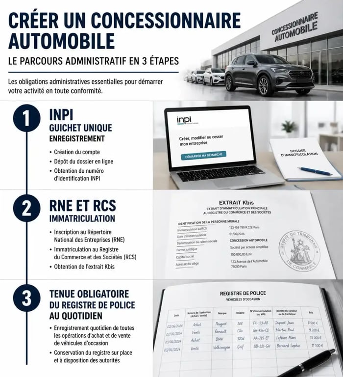 Infographie des étapes administratives pour la création d'une entreprise d'achat vente de voiture