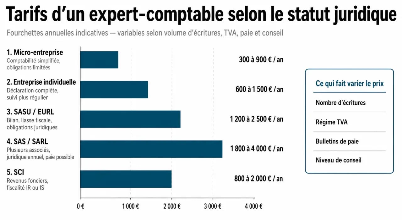 Tarif expert comptable : infographie des budgets indicatifs selon le statut juridique
