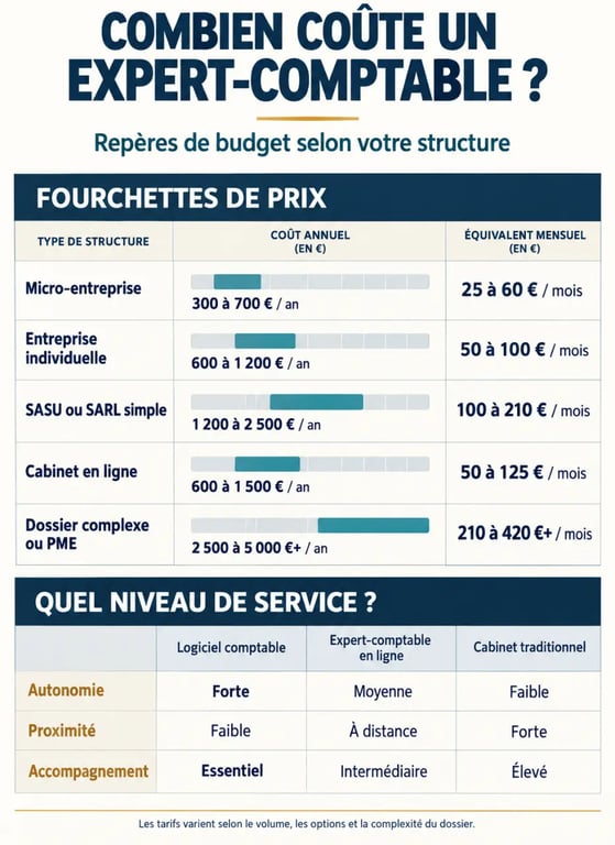 Infographie sur le prix d’un expert-comptable selon le statut et le niveau d’accompagnement