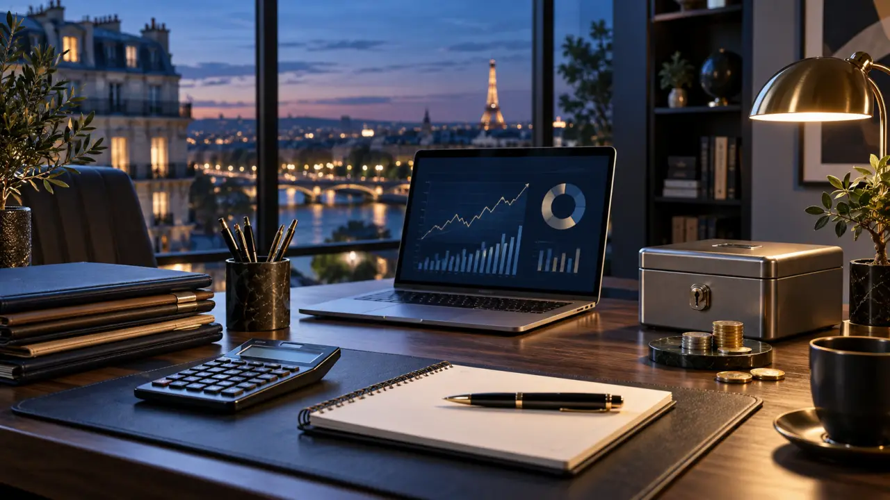 Bureau de direction moderne avec documents financiers et vue sur un quartier d’affaires