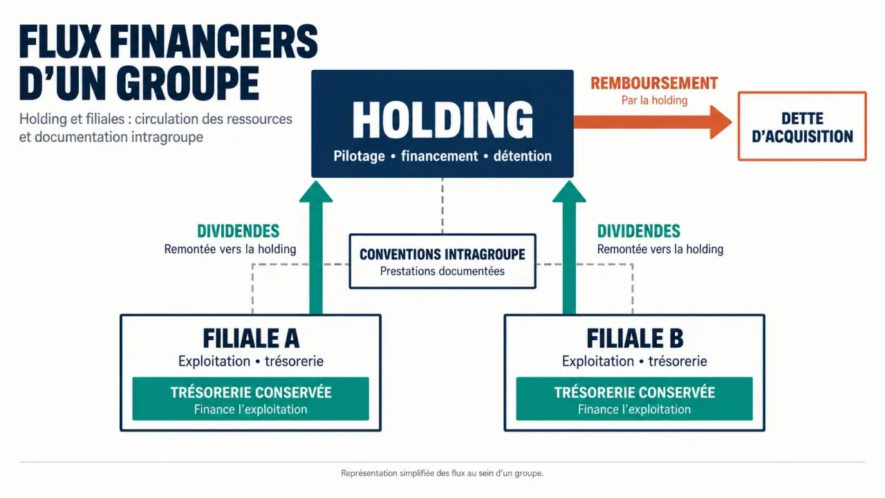 Infographie sur le rôle d’un expert comptable holding dans les flux entre holding et filiales