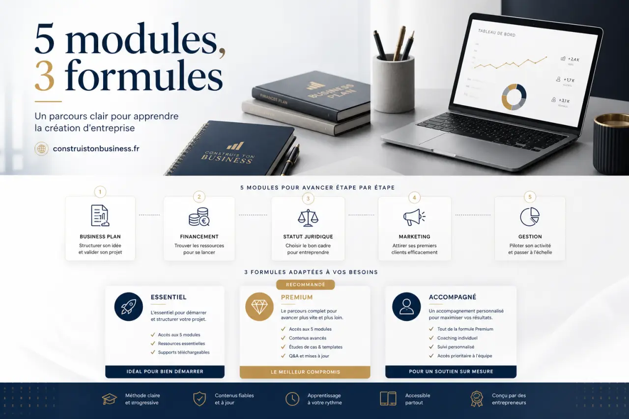 5 modules, 3 formules, un parcours clair pour apprendre la création d’entreprise avec construistonbusiness.fr