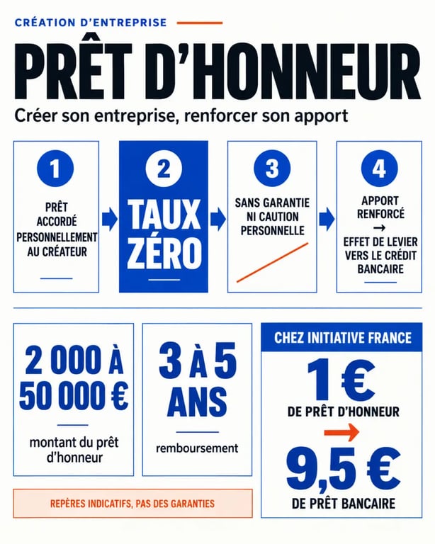 Infographie sur le prêt d’honneur création entreprise, ses montants, sa durée et son effet de levier bancaire