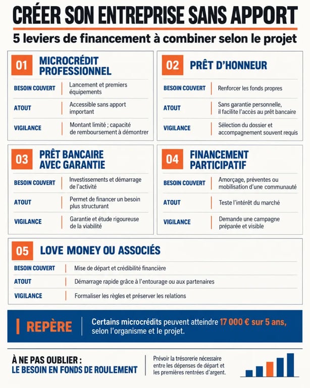 Infographie sur le prêt création entreprise sans apport et les solutions de financement