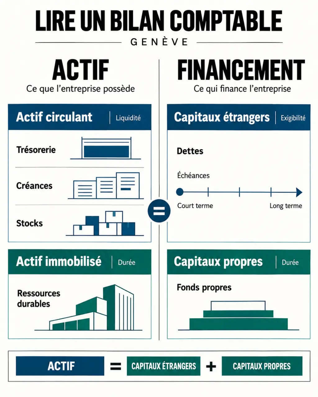 Infographie sur le bilan comptable à Genève : actif, dettes et capitaux propres