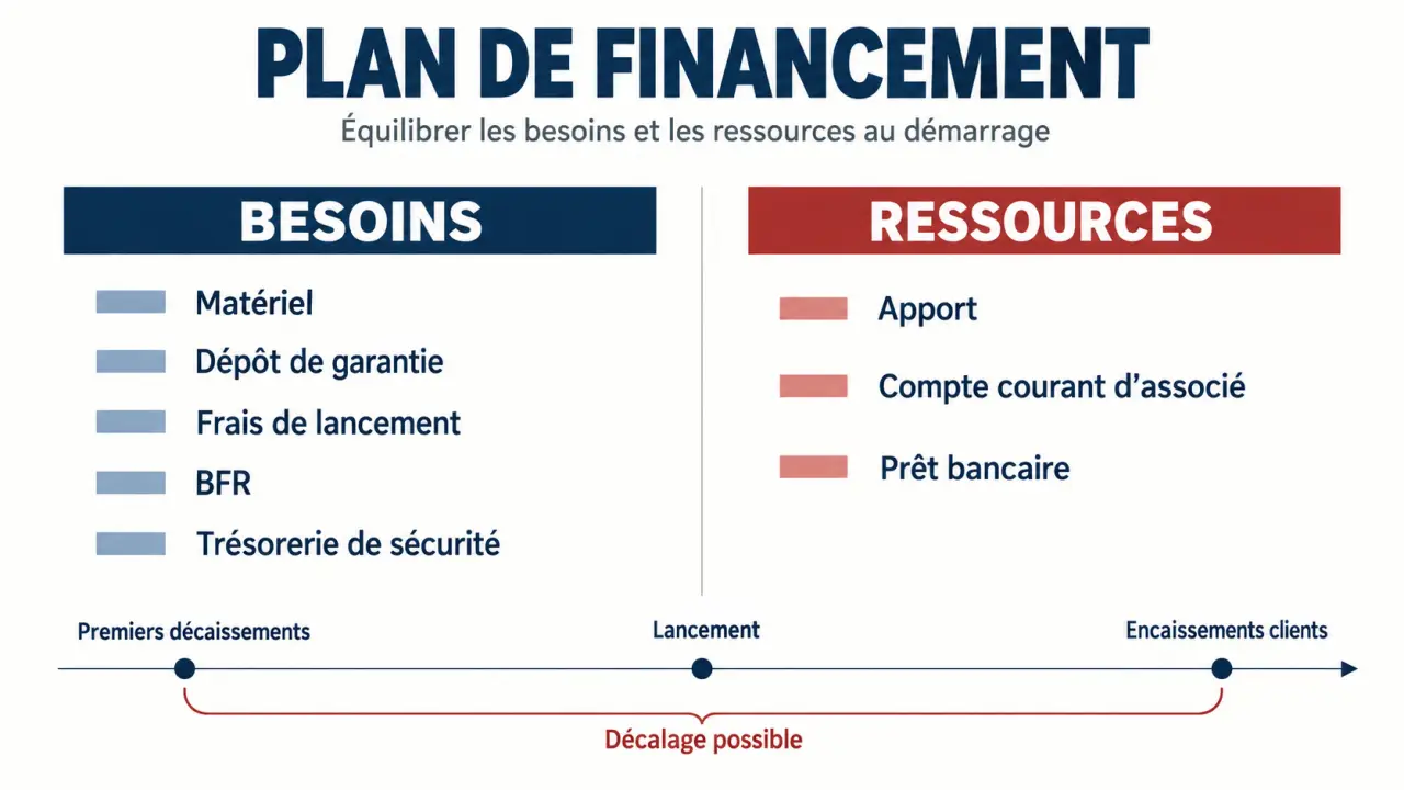 Infographie d’un plan de financement présentant les besoins, les ressources et le calendrier des décaissements
