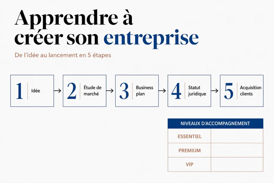Apprendre création entreprise construistonbusiness.fr : parcours en 5 étapes et formules Essentiel, Premium, VIP