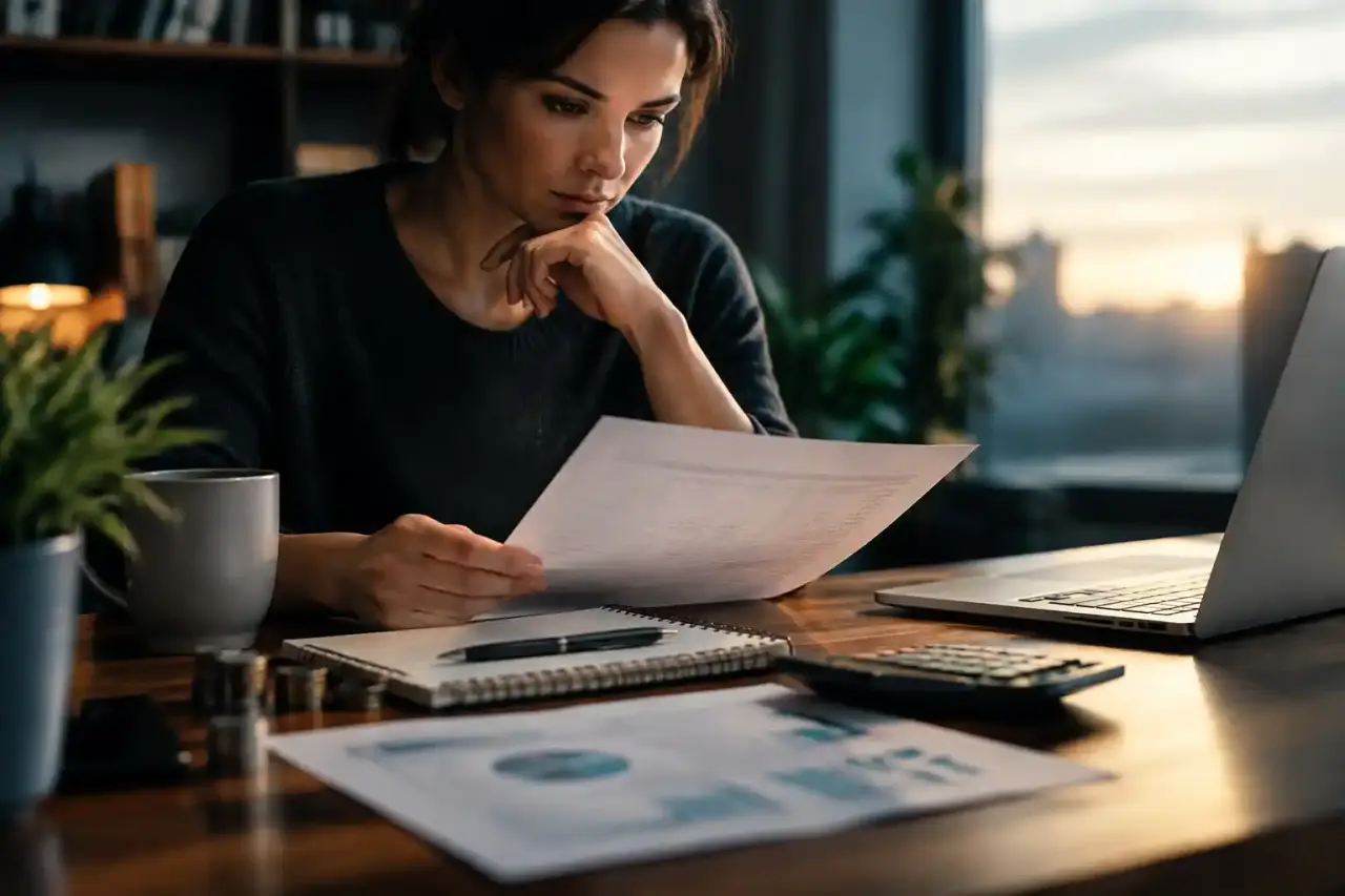 Documents financiers et calculatrice posés sur un bureau élégant