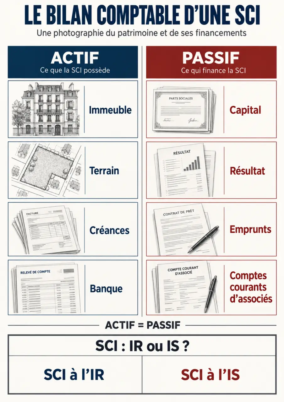 Infographie sur le bilan comptable SCI : actif, passif et différences entre l’IR et l’IS