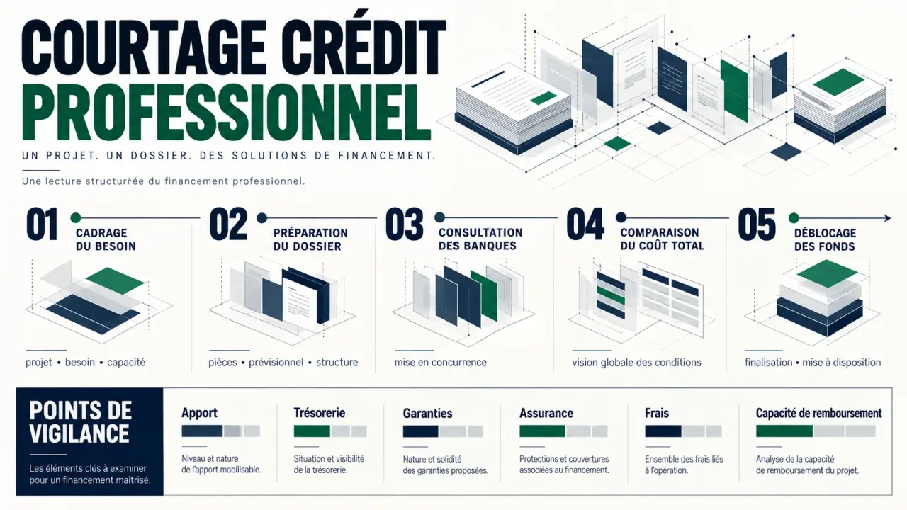 Infographie sur le courtage crédit professionnel et les étapes d’un financement d’entreprise